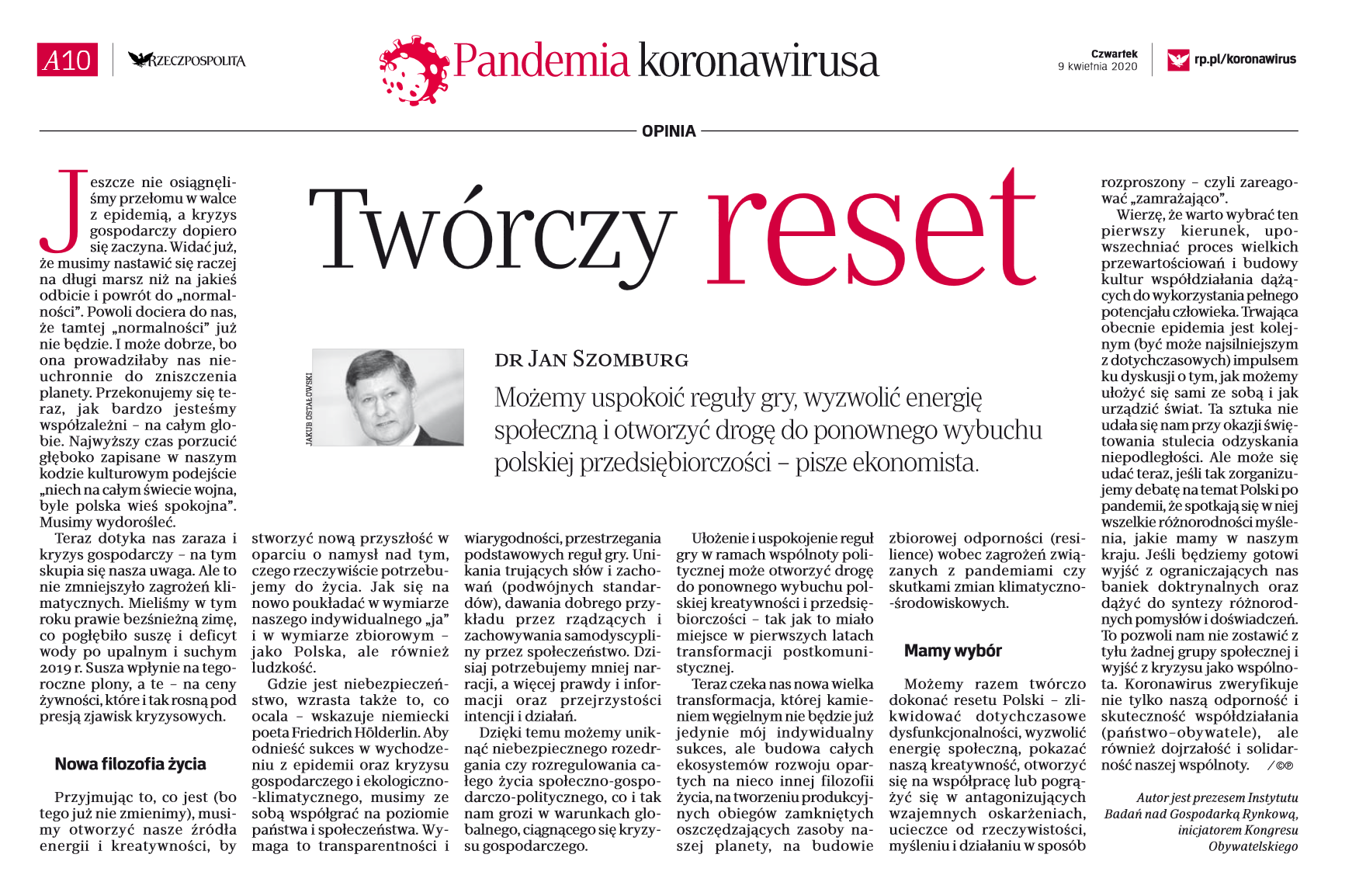 Twórczy reset - artykuł dr. Jana Szomburga w Dzienniku Rzeczpospolita