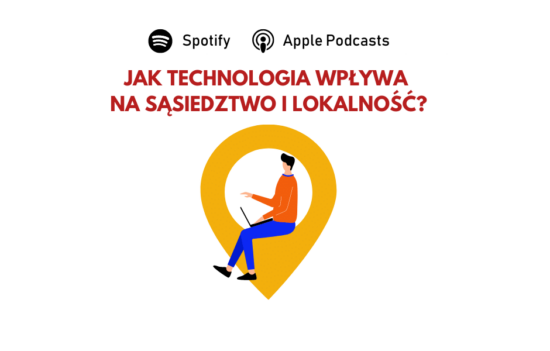 Młody mężczyzna siedzący przy laptopie. U góry pytanie: "Jak technologia wpływa na sąsiedztwo i lokalność?".