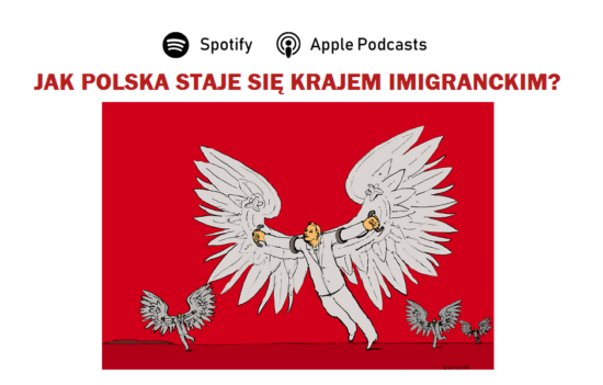 Symboliczne przedstawienie postaci z przypiętymi do rąk skrzydłami. U góry pytanie: "Jak Polska staje się krajem imigranckim?".