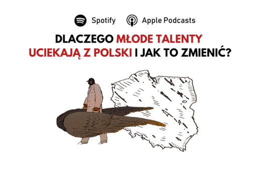 Rysunek Janusza Kapusty, człowiek idzie trzymając walizki. Każda walizka to jedno skrzydło zdjęte z pleców. W tle kontur Polski. U góry pytanie "Dlaczego młode talenty uciekają z Polski i jak to zmienić?".