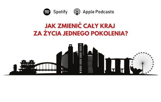 Symboliczne przedstawienie budynków charakterystycznych dla Singapuru. U góry pytanie: "Jak zmienić cały kraj za życia jednego pokolenia?".