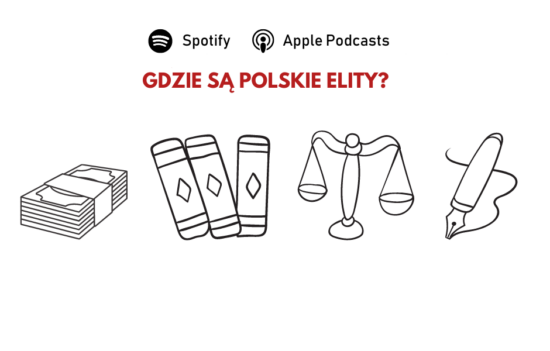 Symboliczne przedstawienie różnych atrybutów elit społecznych: pieniądze (potęga finansowa), książki (wiedza), waga (wpływ na system prawny i sądownictwo) oraz pióro (opinia publiczna). U góry pytanie: "Gdzie są polskie elity?".