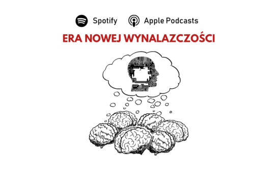 Symboliczne przedstawienie "burzy mózgów" - wspólnego wysiłku intelektualnego, którego efektem jest stworzenie nowej technologii. U góry napis: "Era nowej wynalazczości".