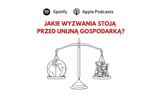 Symboliczne wyobrażenie wagi, na jednej szalce planeta Ziemia, na drugiej pieniądze. U góry pytanie: "Jakie wyzwania stoją przed unijną gospodarką?".