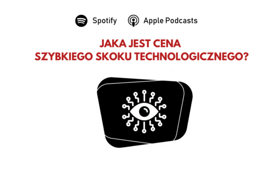 Na symbolicznie przedstawionym monitorze wyświetla się oko, które zamiast rzęs ma układy scalone. Nad obrazkiem pytanie: "Jaka jest cena szybkiego skoku technologicznego?".