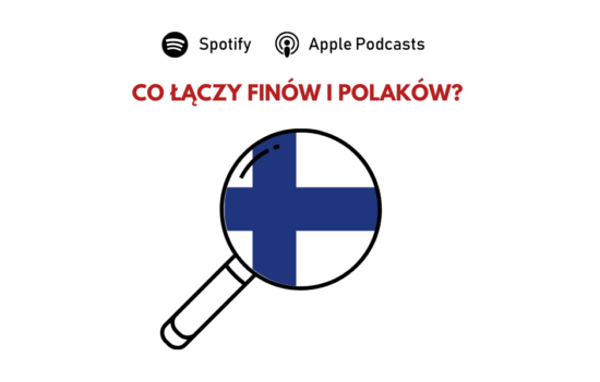 Lupa, w jej szkiełku fragment fińskiej flagi. U góry pytanie: "Co łączy Finów i Polaków?".