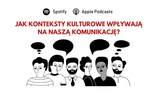 Symboliczne wyobrażenie postaci różnych ras stojących obok siebie i rozmawiających ze sobą (widoczna m.in. osoba o rysach azjatyckich, kobieta o europejskim wyglądzie oraz osoba ciemnej karnacji). U góry pytanie: Jak konteksty kulturowe wpływają na naszą komunikację?".