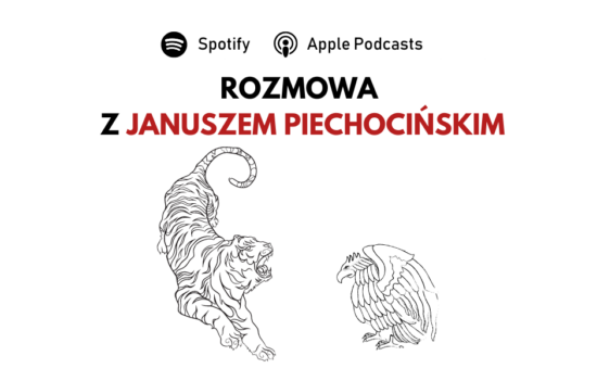 Z lewej strony tygrys (symbol azjatyckich potęg gospodarczych), z prawej orzeł bielik (symbol Polski). U góry napis - rozmowa z Januszem Piechocińskim.