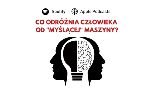 kontury dwóch głów nałożone na siebie jak lustrzane odbicie, w środku żarówka, której połowa przypomina mózg. U góry pytanie: "Co odróżnia człowieka od "myślącej" maszyny?".