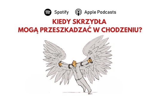 Postać z przypiętymi skrzydłami, nad nią pytanie: "Kiedy skrzydła mogą przeszkadzać w chodzeniu?".