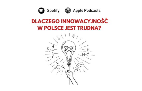 Ręka trzyma balon w kształcie żarówki (symbol pomysłowości i innowacyjności), na górze pytanie: "Dlaczego innowacyjność w Polsce jest trudna?".