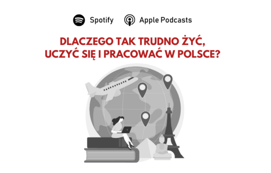 Kula ziemska na drugim planie, na pierwszym planie samolot, dziewczyna siedząca na książkach oraz symbole różnych atrakcji turystycznych np. piramidy egipskie. U góry pytanie "Dlaczego tak trudno żyć, uczyć się i pracować w Polsce?