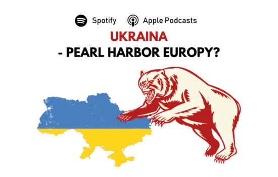 Mapa Ukrainy w barwach ukraińskiej flagi. Od wschodniej strony Ukrainę atakuje niedźwiedź (symbol Rosji). U góry pytanie: "Ukraina - Pearl Harbor Europy?".