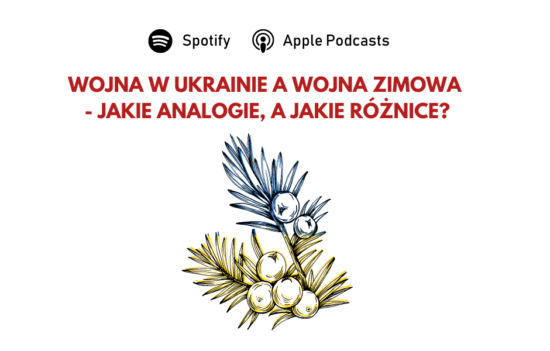 Gałązka ostrokrzewu w barwach Ukrainy. U góry pytanie: "Wojna w Ukrainie a wojna zimowa - jakie analogie, a jakie różnice?".