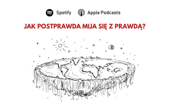 Symboliczne przedstawienie "płaskiej" Ziemi. U góry pytanie: "Jak postprawda mija się z prawdą?".