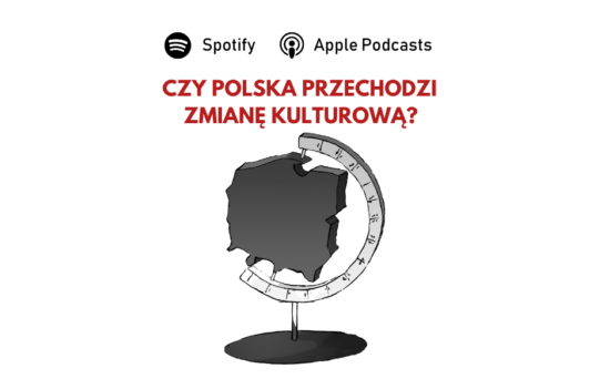 Symboliczne przedstawienie globusa gdzie miejsce kuli ziemskiej zajmuje mapa Polski. U góry pytanie: "Czy Polska przechodzi zmianę kulturową?".