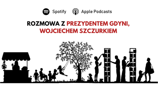Na obrazku ludzie spędzający czas w parku, widać sklepik z lodami, hustawkę oraz regały z książkami. Ludzie są w różnym wieku, widać dorosłych, dzieci oraz osobę na wózku inwalidzkim. U góry napis "Rozmowa z Prezydentem Gdyni, Wojciechem Szczurkiem".