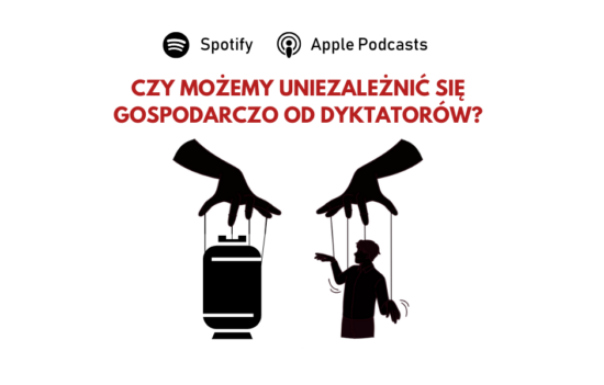 Obrazek symbolicznie prezentuje dłonie pociągające za sznurki jak w teatrze kukiełek. Pierwszą kukiełką jest butla z gazem (symbol rynku energii), druga to postać człowieka (symbol opinii publicznej). Na górze pytanie: "Czy możemy się uniezależnić gospodarczo od dyktatorów?".