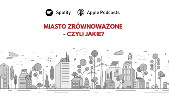 Na grafice budynki różnej wysokości otoczone zielenią (drzewa, krzewy, kwiaty), widoczne rowery, ławki, hulajnogi, ładowarki do samochodów elektrycznych oraz turbiny wiatrowe. Nad obrazkiem pytanie: "Miasto zrównoważone - czyli jakie?".