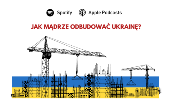 Dźwigi oraz zarysy wznoszonych budynków, w tle flaga Ukrainy. Nad obrazkiem pytanie: "Jak mądrze odbudować Ukrainę?".