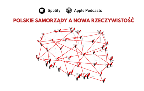 Rysunek Janusza Kapusty, w obrębie kontur Polski stoją postaci z biało-czerwonymi skrzydłami, są połączone biało-czerwonymi kreskami, przypominającymi sieć. Nad ilustracją napis "Polskie samorządy a nowa rzeczywistość".