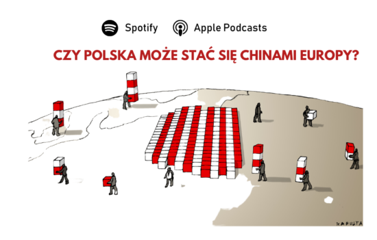 Ilustracja Janusza Kapusty. Na mapie Europy wyróżnione kontury Polski, zbudowanej z biało-czerwonych pudełek. Z różnych kierunków idą ludziki niosące biało-czerwone pudełka w stronę Polski lub w przeciwnym kierunku. Nad ilustracją pytanie: "Czy Polska może stać się Chinami Europy?".