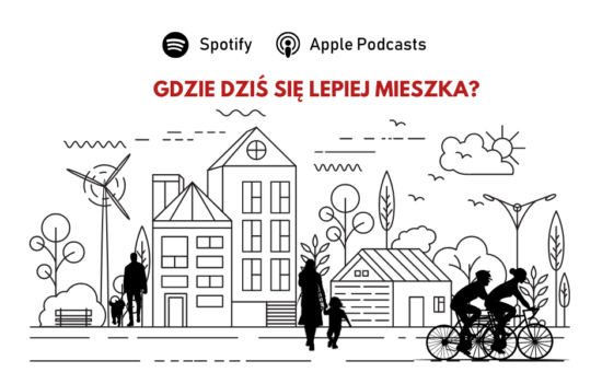 Zrównoważone miasto z zabudowaniami różnej wysokości, zielenią, wytyczonymi drogami dla uat i ścieżkami rowerowymi. Po lewej stronie turbina elektrowni wiatrowej. Nad obrazkiem pytanie: "Gdzie się lepiej mieszka?".