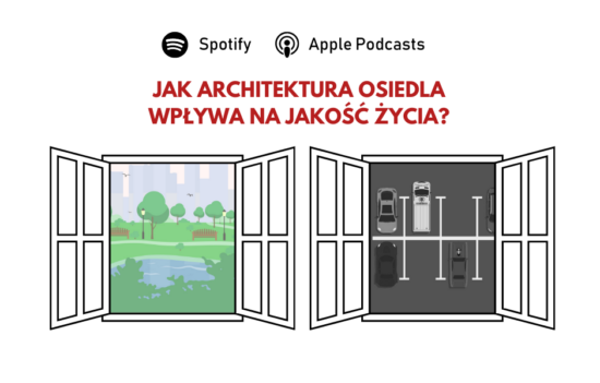 Obok siebie dwa otwarte okna, z pierwszego widok na piękny zielony park z zadbanymi alejkami, zdrową zielenią i stawem. Widok z drugiego okna na szary betonowy parking bez żadnej zieleni. Nad oknami pytanie: "Jak architektura osiedla wpływa na jakość życia?".