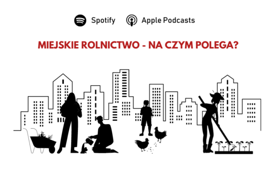 Na tle bloków mieszkalnych widoczne sylwetki osób pielęgnujących rośliny i karmiących zwierzęta, nad nimi pytanie "Miejskie rolnictwo - na czym polega?".