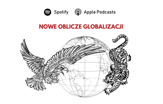 Po przeciwnych stronach kuli ziemskiej symbole dwóch globalnych potęg - orzeł (USA) oraz tygrys (Chiny) nad nimi pytanie "Nowe oblicze globalizacji?".