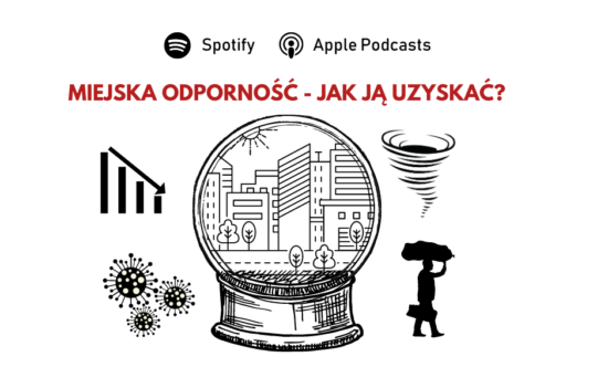 Wewnątrz szklanej kuli widoczny fragment miasta, wokół symbole potencjalnych wyzwań rozwojowych: wykres słupkowy ukazujący spadek (stagnacja), ikona wirusów (zagrożenie pandemiczne), symbol huraganu (katastrofy naturalne) oraz sylwetka osoby z licznymi bagażami (migracje).