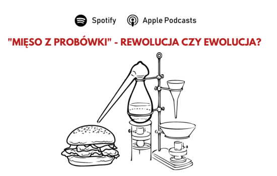 Narzędzia laboratoryjne oraz hamburger, nad nimi pytanie "Mięso z próbówki - rewolucja czy ewolucja?".