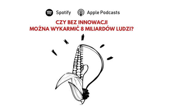 Połowa kolby kukurydzy to żarówka - symbol pomysłu. Nad obrazkiem pytanie - czy bez innowacji można wykarmić 8 miliardów ludzi?