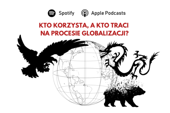 Po przeciwnych stronach globu symbol USA (orzeł) - z lewej oraz Chin (smok) i Rosji (niedźwiedź) z prawej. Symbol Rosji rozmywa się. Na górze pytanie "Kto korzysta a kto traci na procesie globalizacji?".