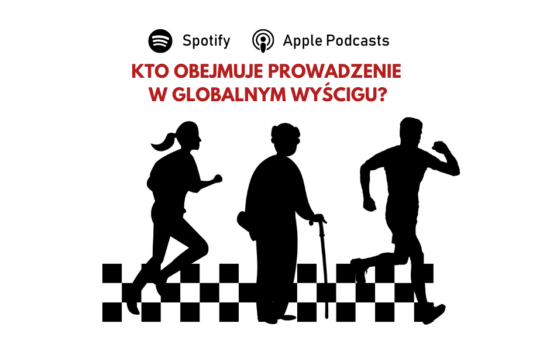 Symboliczne przedstawiony wyścig, obok siebie biegną: wysportowany mężczyzna, starszy człowiek z laską oraz młoda kobieta. U góry pytanie: Kto obejmie prowadzenie w globalnym wyścigu?