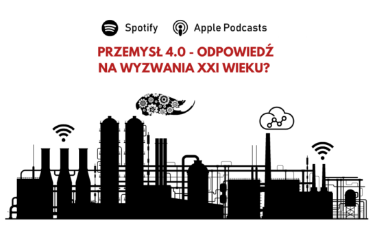 Duża, nowoczesna fabryka, z kominów zamiast dymu wydobywa się cyfrowa chmura oraz symboliczne oznaczenia sieci wi-fi. U góry pytanie: "Przemysł 4.0 - odpowiedź na wyzwania XXI wieku?".