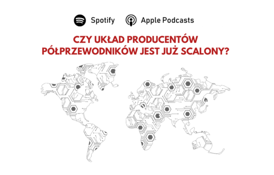 Mapa świata, kontynenty przypominają system układów scalonych. U góry pytanie: "Czy układ producentów półprzewodników jest już scalony?".