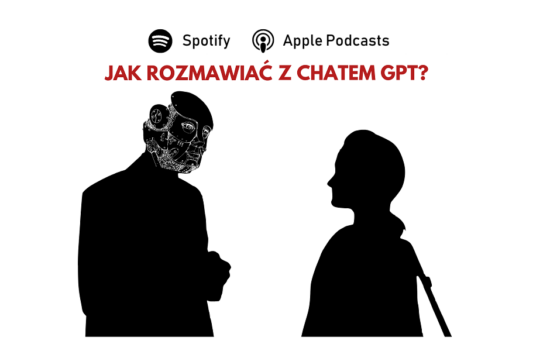 Rysunek przedstawia kobietę rozmawiającą z humanoidalnym robotem. U góry pytanie: "Jak rozmawiać z Chatem GPT?".