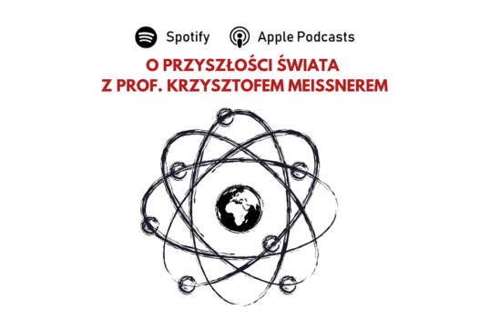 Symboliczne ukazanie Ziemi jako jądra komórki, a krążących wokół niej innych planet jako protonów i neutronów. U góry napis "O przyszłości świata z prof. Krzysztofem Meissnerem"