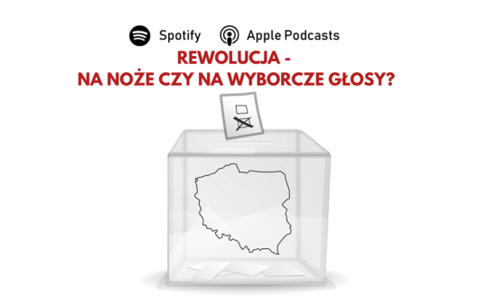 Urna z konturem Polski i wrzucaną do niej kartą do głosowania, u góry, pytanie: "Rewolucja - na noże czy na wyborcze głosy?"