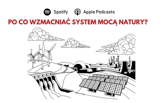 Obrazek prezentuje symbolicznie różne źródła energii: elektrownia wiatrowa, elektrownia wodna, farma fotowoltaiczna, elektrownia węglowa, elektrownia jądrowa. U góry pytanie "Po co wzmacniać system mocną natury?".