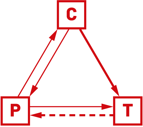 Ilustracja przedstawiająca relacje w&nbsp;trójkącie centrum – układ działowo-gałęziowy (sektorowy, przedsiębiorstw) – układ regionalny (terytorialny) wg założeń reformy z 1982 roku. Szczegółowy opis w tekście głównym.