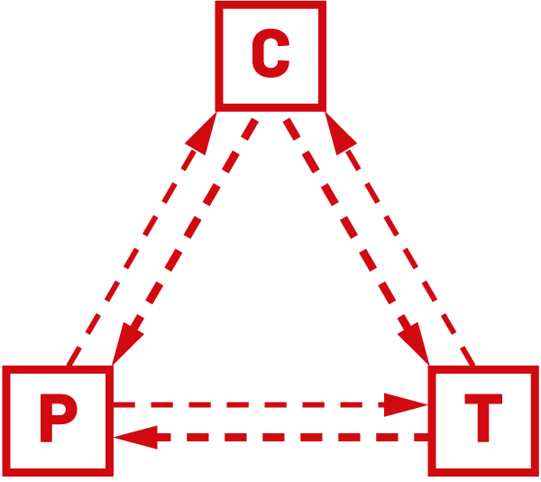 Ilustracja przedstawiająca relacje w&nbsp;trójkącie centrum – układ działowo-gałęziowy (sektorowy, przedsiębiorstw) – układ regionalny (terytorialny) w systemie silnie zdecentralizowanym. Szczegółowy opis w tekście głównym.