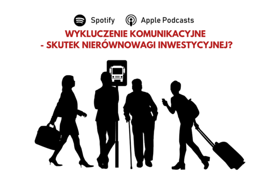 Grupa osób w różnym wieku czekających na przystanku autobusowym. U góry pytanie: "Wykluczenie komunikacyjne - skutek nierównowagi inwestycyjnej?".