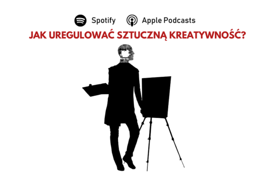 Przed sztalugą sylwetka jakby malarza, ale w jego głowie (zamiast mózgu) osadzony mikro chip. U góry pytanie: "Jak uregulować sztuczną kreatywność?".