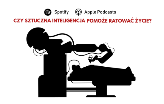 Robot medyczny wspomagający operację, u góry pytanie: "Czy sztuczna inteligencja pomoże ratować życie?".