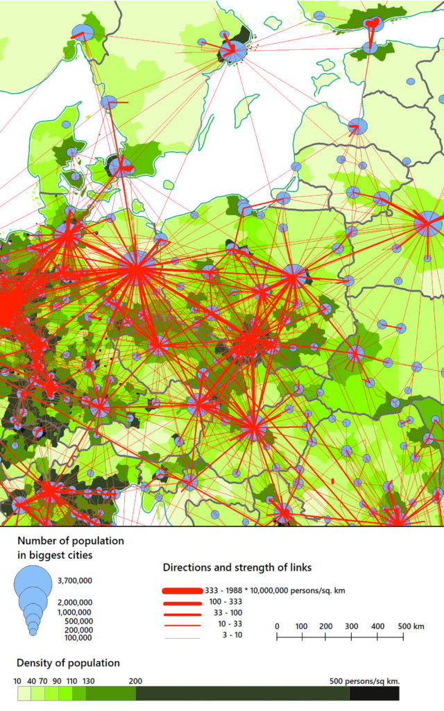 Mapa prezentująca Polskę i jej sąsiadów z zaznaczeniem powiązań (i ich siły oddziaływania) pomiędzy poszczególnymi miastami regionu. Omówienie zawarte w tekście głównym