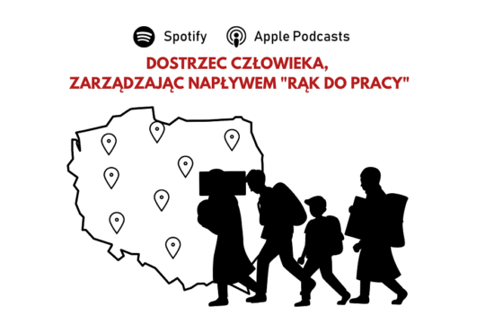 Uchodźcy lub migranci (w różnym wieku lub rodzina) na tle konturów z mapą Polski. U góry napis: "Dostrzec człowieka zarządzając "napływem rąk do pracy".