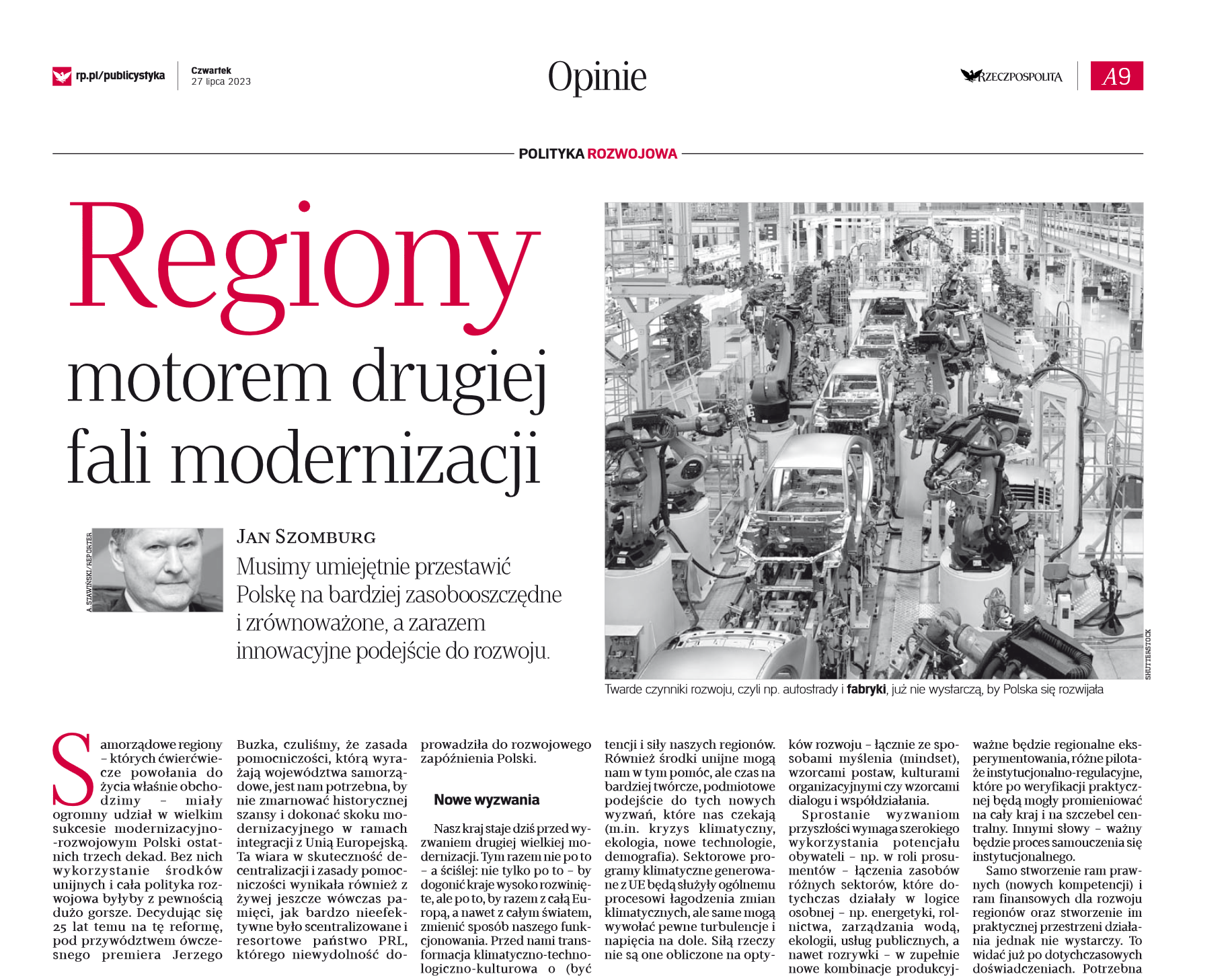Regiony motorem drugiej fali modernizacji - artykuł w dzienniku Rzeczpospolita
