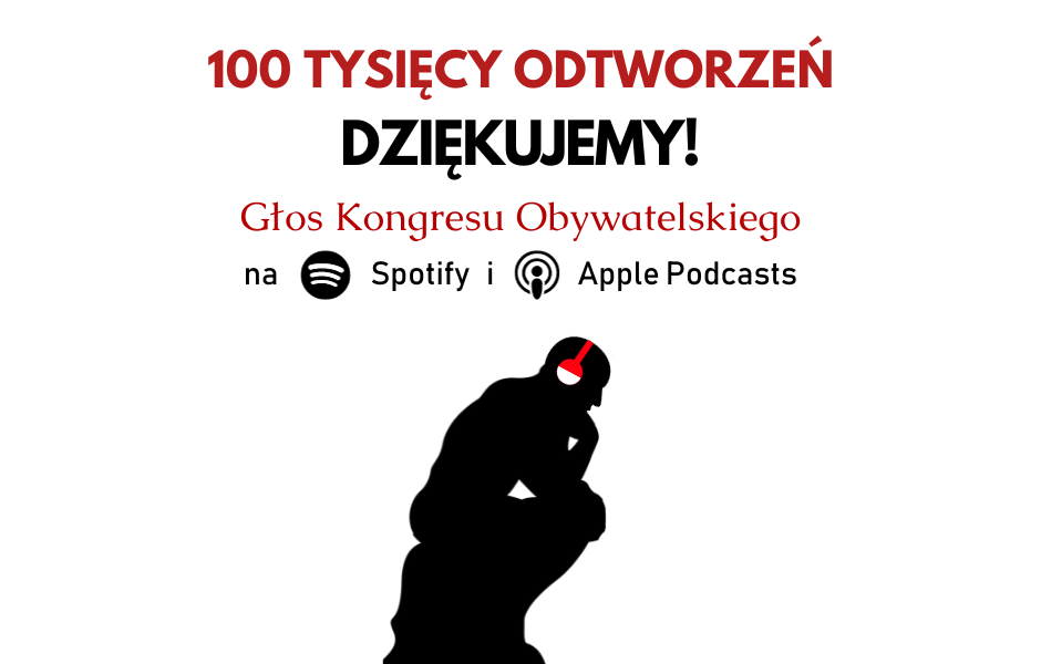 Obrazek zawiera podziękowania z okazji 100 tys. odtworzeń podcastu "Głos Kongresu Obywatelskiego". Tekstowi towarzyszy przetworzenie motywu znanego z rzeźby A. Rodina "Myśliciel", gdzie siedząca, zamyślona postać ma dodatkowo na głowie biało-czerwone słuchawki.